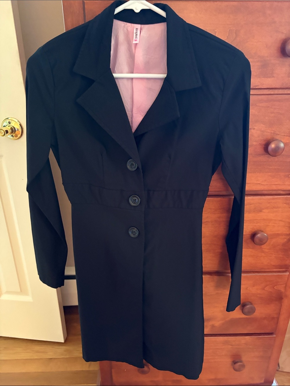 Black Women's Long Button Coat with Pink Lining